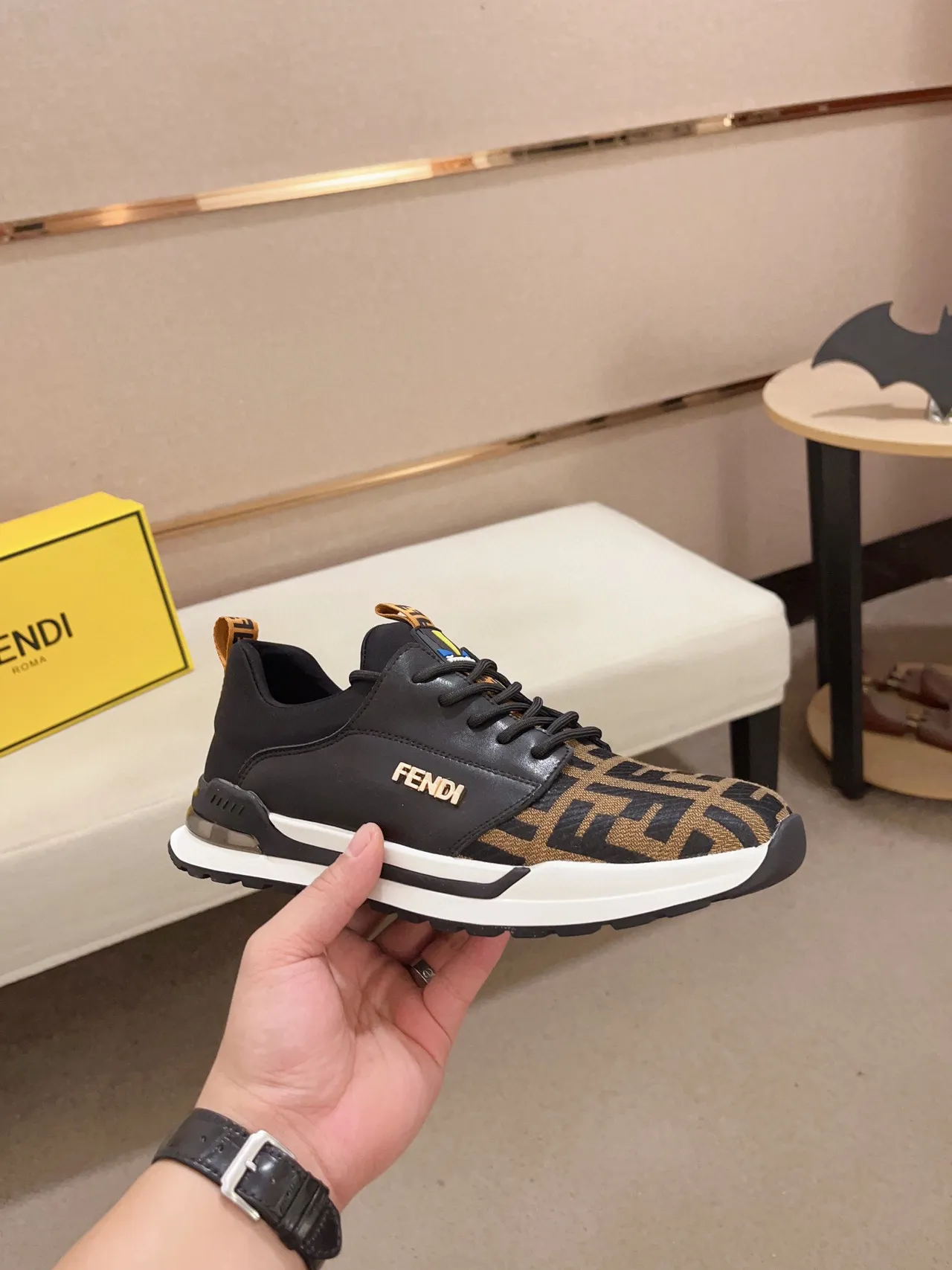 Fendi Preto Marrom FF Monogram Painel de Tecido e Couro Tênis Lifestyle 7