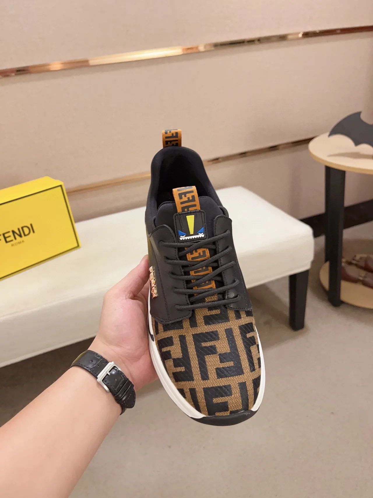 Fendi Preto Marrom FF Monogram Painel de Tecido e Couro Tênis Lifestyle 9