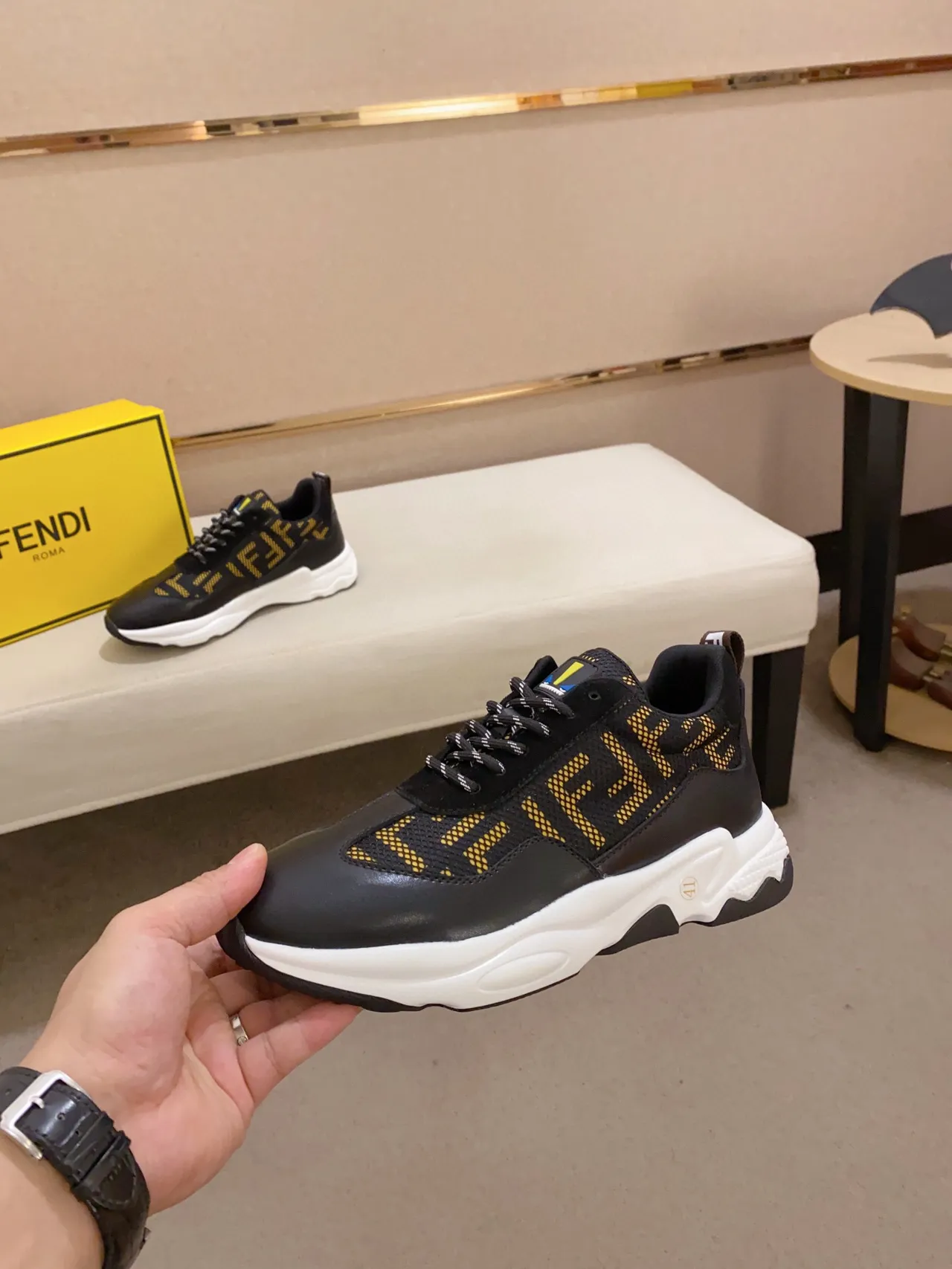 Fendi Black Gold Sole Monogram Mesh Upper Chunky Sneakers 7