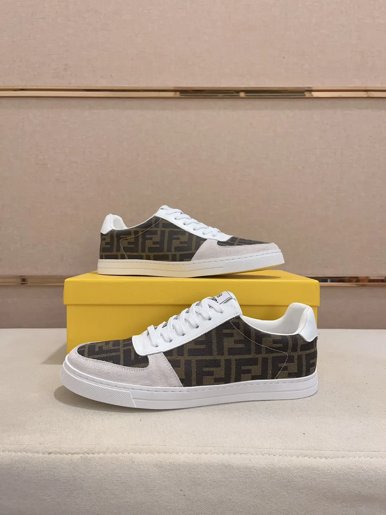 Fendi Brown White Monogram-Printed Fabric Suede Toe Cap Lifestyle Sneakers 4