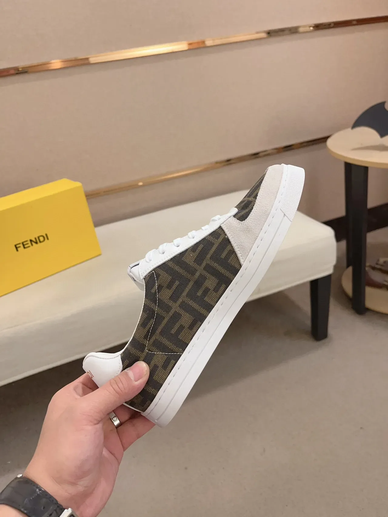 Fendi Brown White Monogram-Printed Fabric Suede Toe Cap Lifestyle Sneakers 6