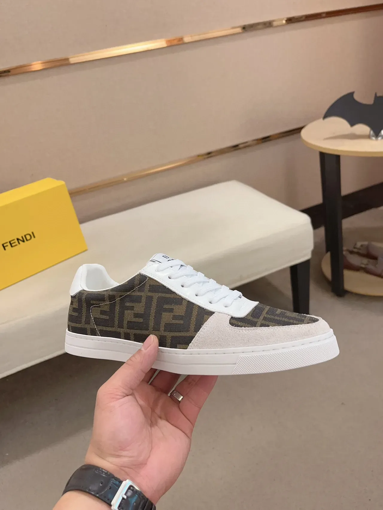 Fendi Brown White Monogram-Printed Fabric Suede Toe Cap Lifestyle Sneakers 7