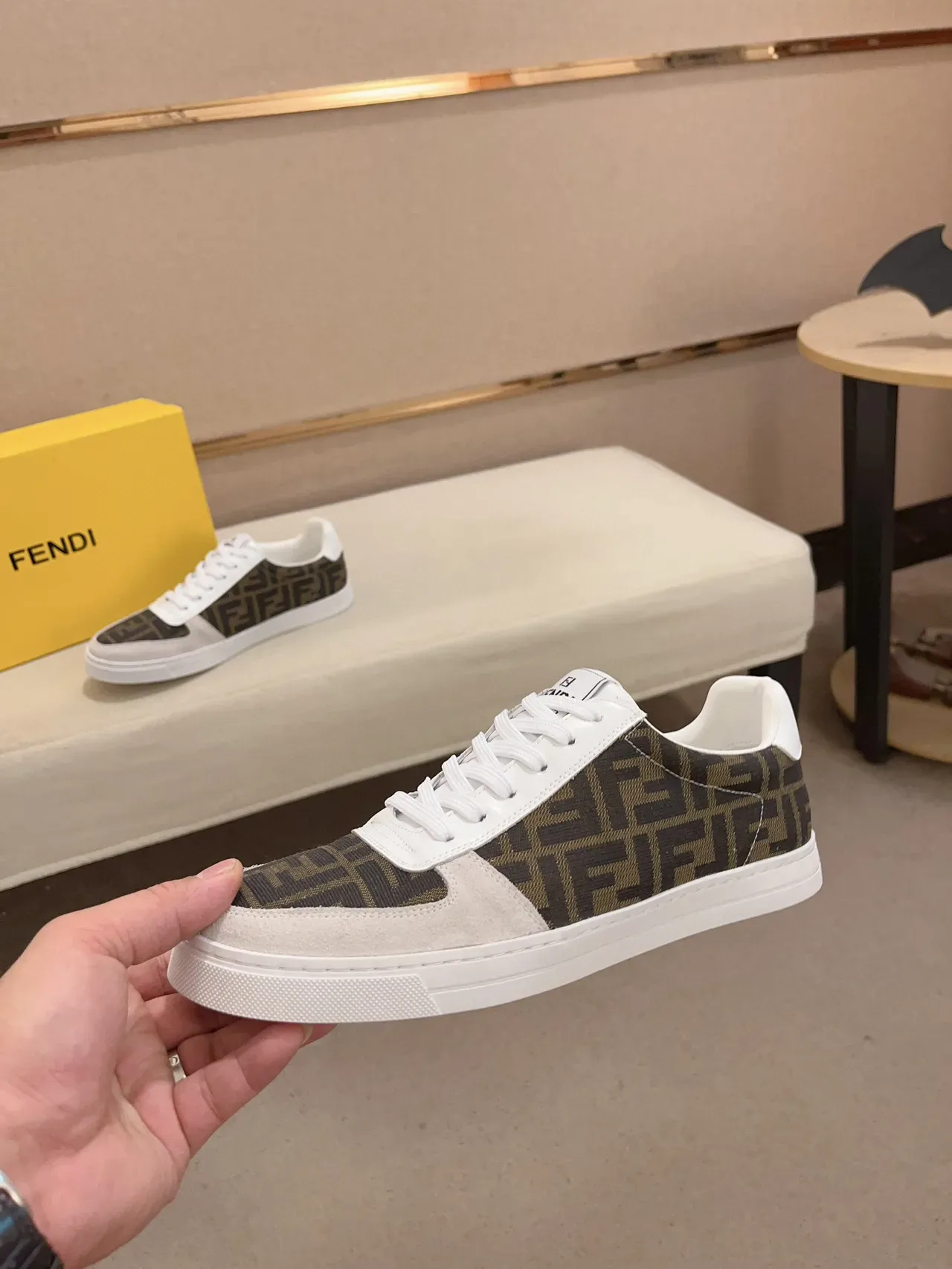 Fendi Brown White Monogram-Printed Fabric Suede Toe Cap Lifestyle Sneakers 8