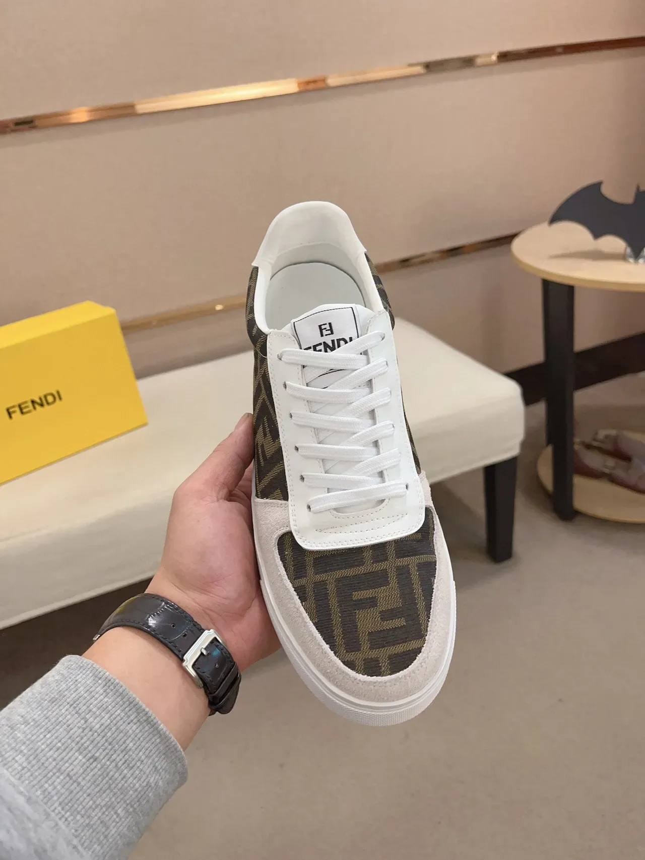 Fendi Brown White Monogram-Printed Fabric Suede Toe Cap Lifestyle Sneakers 9