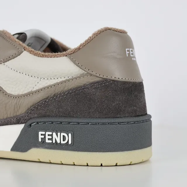 Fendi Cinza Bege Ante e Couro em Camada Superior Motivo Geométrico Painel Lateral Tênis Lifestyle 4