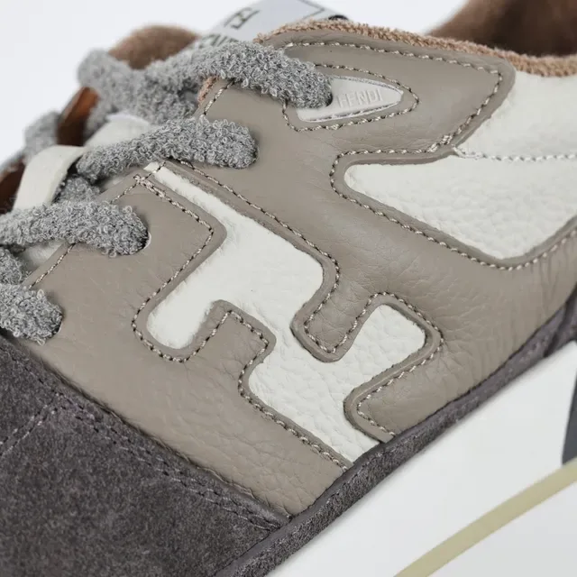 Fendi Cinza Bege Ante e Couro em Camada Superior Motivo Geométrico Painel Lateral Tênis Lifestyle 6