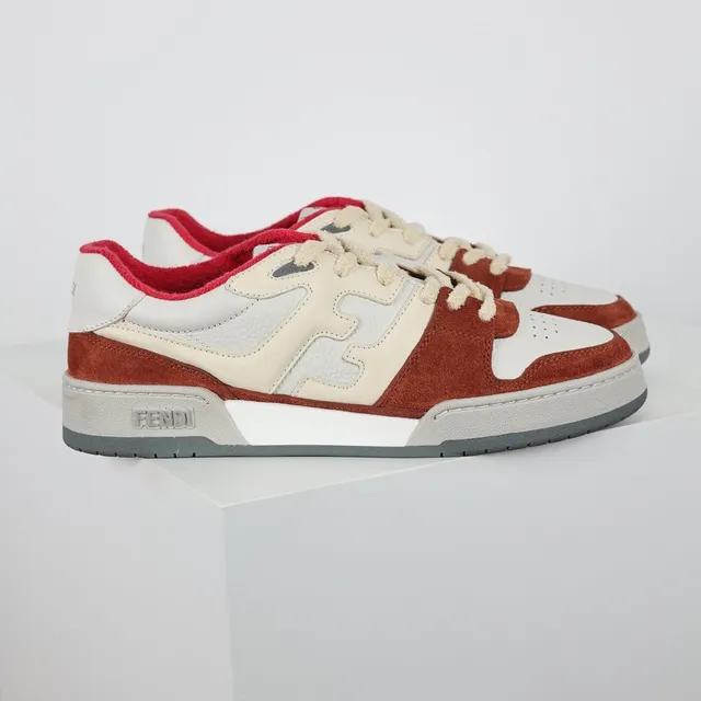 Zapatillas Lifestyle Fendi Rojo Beige Ante y Cuero Layered Abstract Overlay Inspirado en FF Lifestyle Sneakers 3