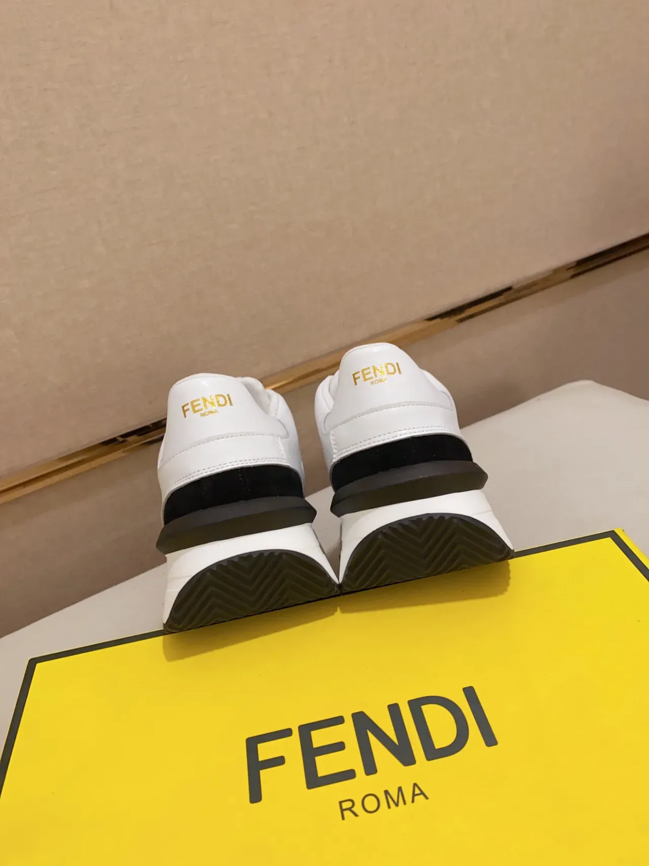Fendi White Black Monogram-Paneled Asymmetrical Layered Upper Lifestyle Sneakers 3