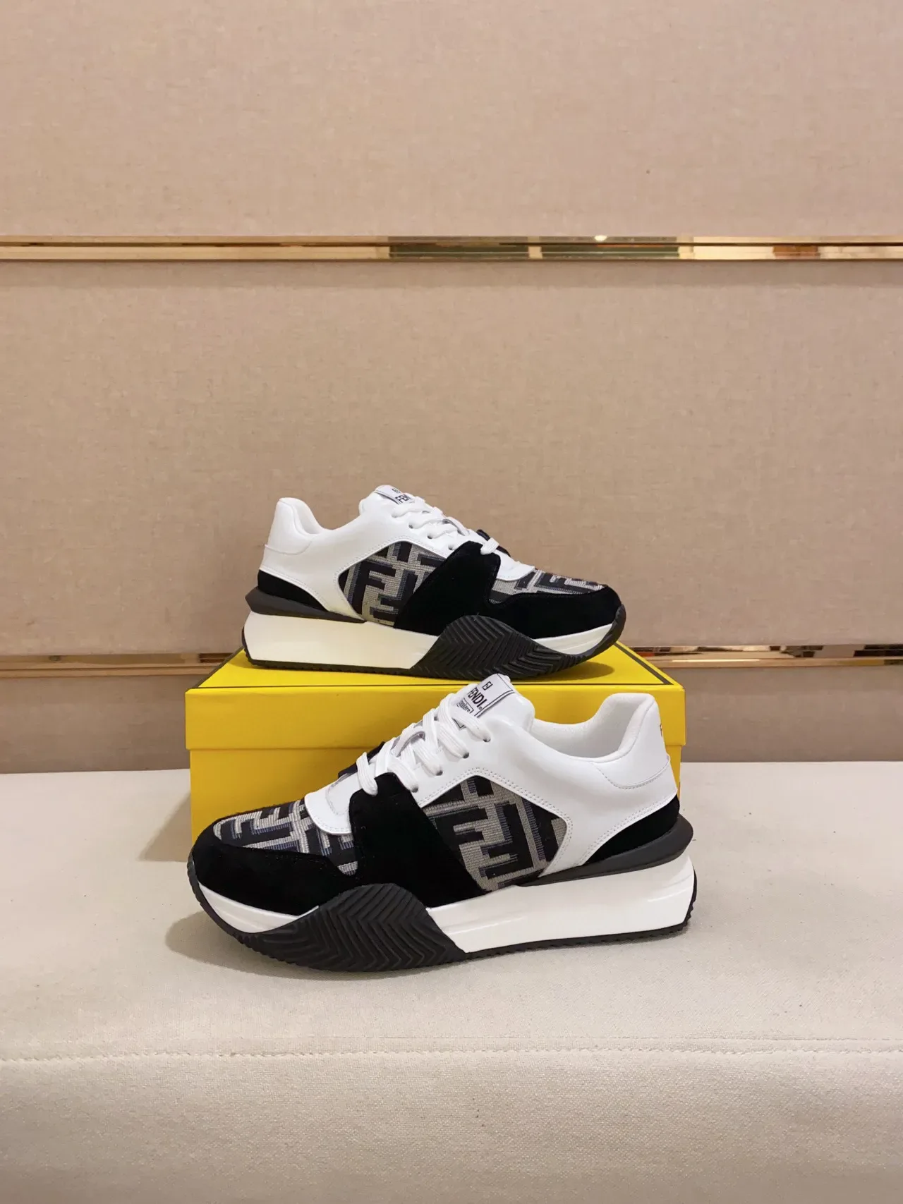 Fendi White Black Monogram-Paneled Asymmetrical Layered Upper Lifestyle Sneakers 4