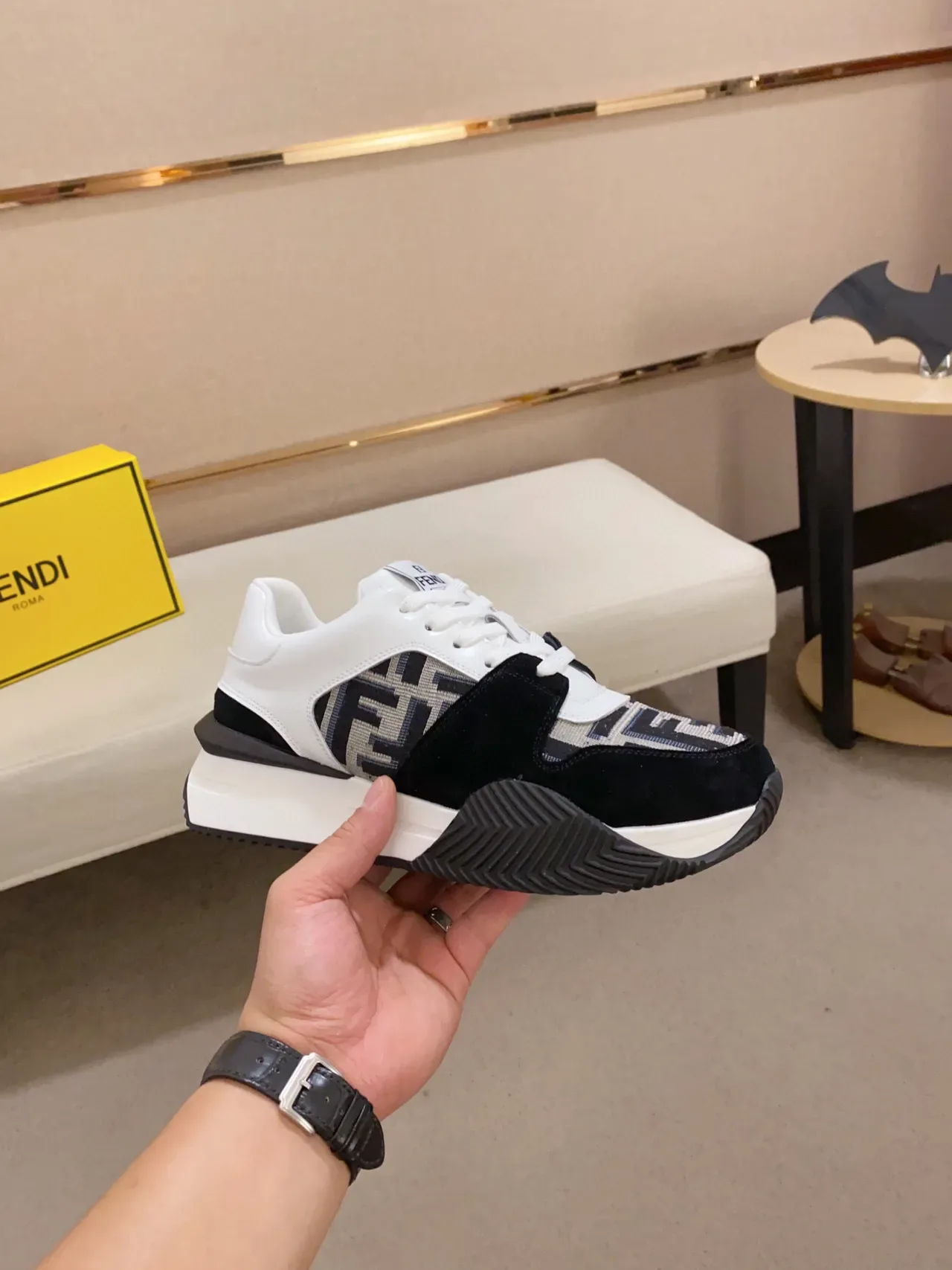 Fendi White Black Monogram-Paneled Asymmetrical Layered Upper Lifestyle Sneakers 5