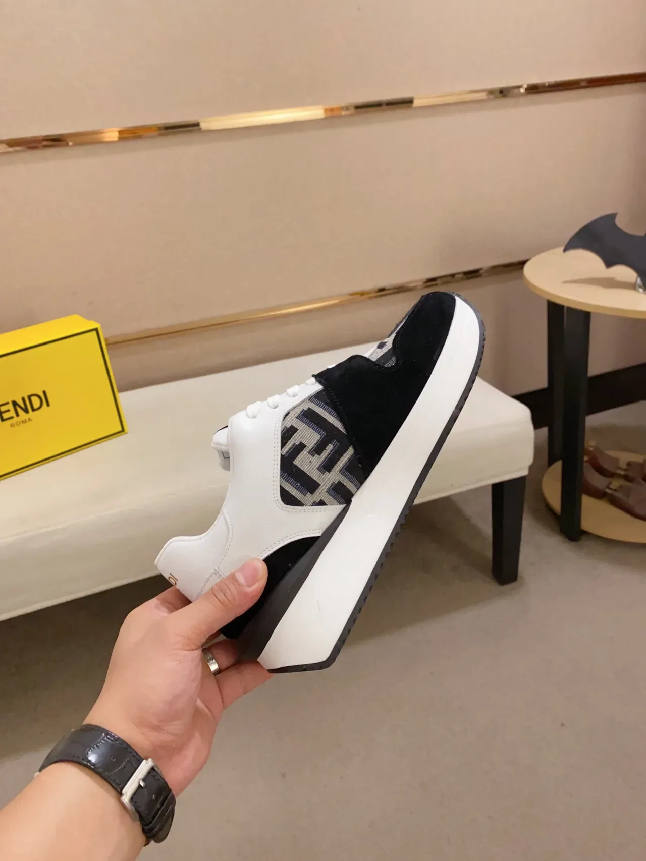 Fendi White Black Monogram-Paneled Asymmetrical Layered Upper Lifestyle Sneakers 7