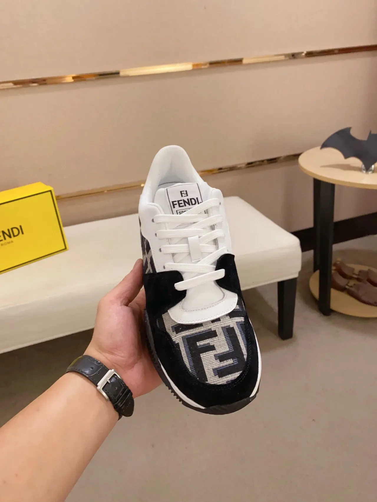 Fendi White Black Monogram-Paneled Asymmetrical Layered Upper Lifestyle Sneakers 8