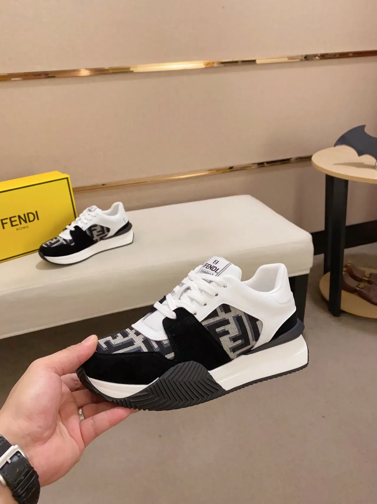 Fendi White Black Monogram-Paneled Asymmetrical Layered Upper Lifestyle Sneakers 9