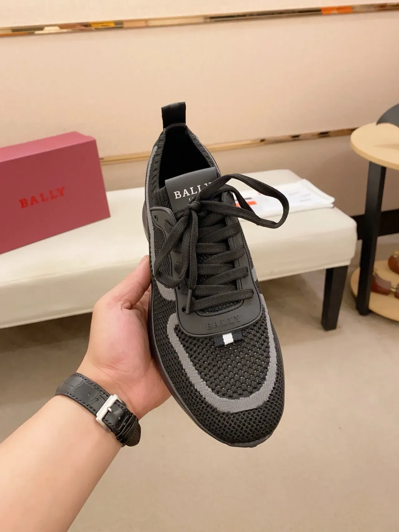 Bally Black Gray Knit Mesh Upper Wave Overlay Sneakers 5