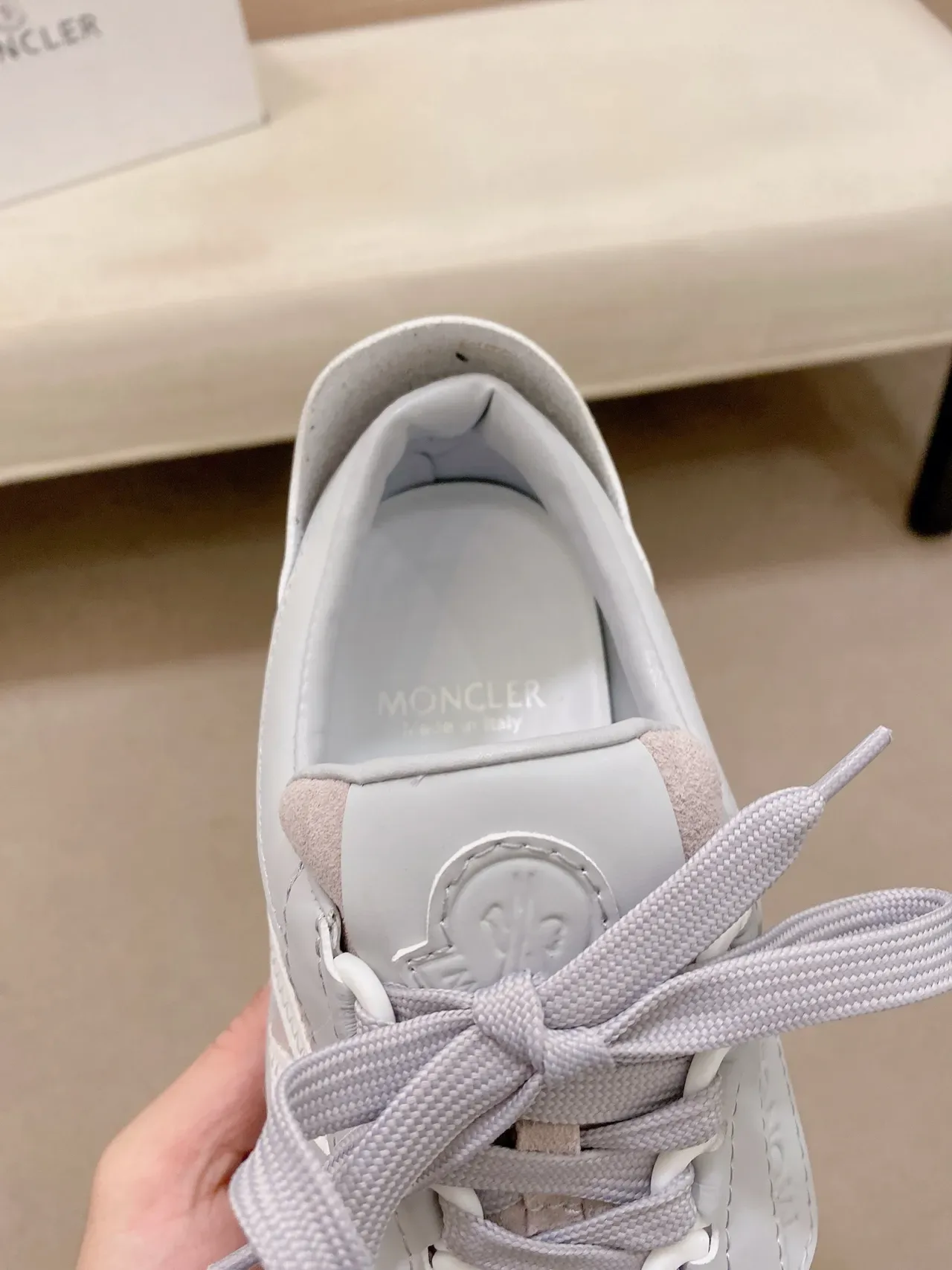 Beige Gray Layered Suede And Mesh Upper Stitched M-Logo Side Panel Sneakers 4