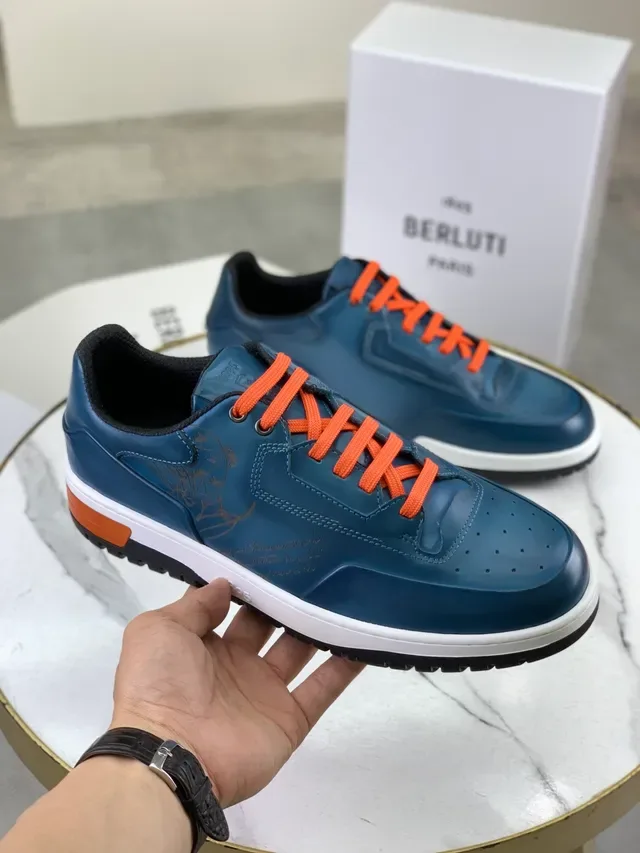 Berluti Navy Orange Leather Upper Perforated Toe Lifestyle Sneakers 5