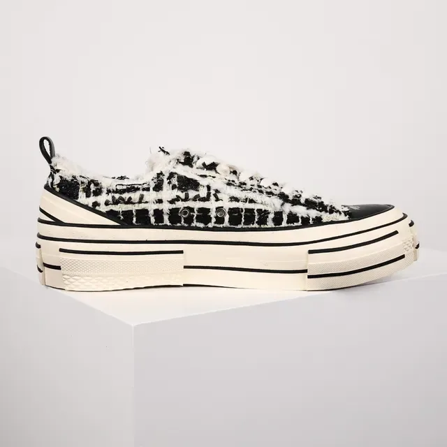 Black and Beige Tweed Slip-On Platform Sneakers 7