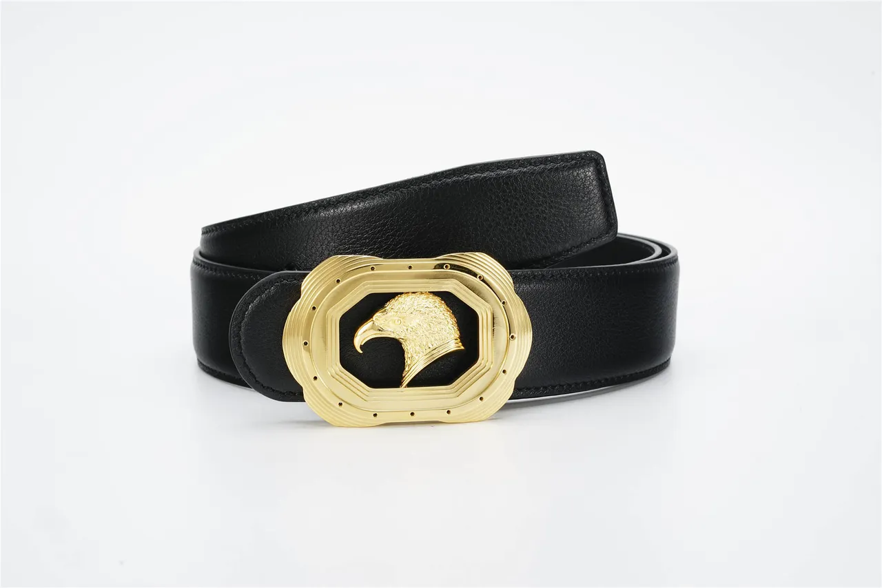 Black Gold Eagle-Head Buckle Layered Octagonal Frame Leather Belt 1