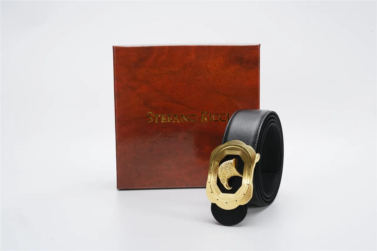 Black Gold Eagle-Head Buckle Layered Octagonal Frame Leather Belt 4