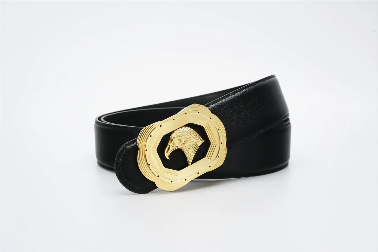 Black Gold Eagle-Head Buckle Layered Octagonal Frame Leather Belt 6