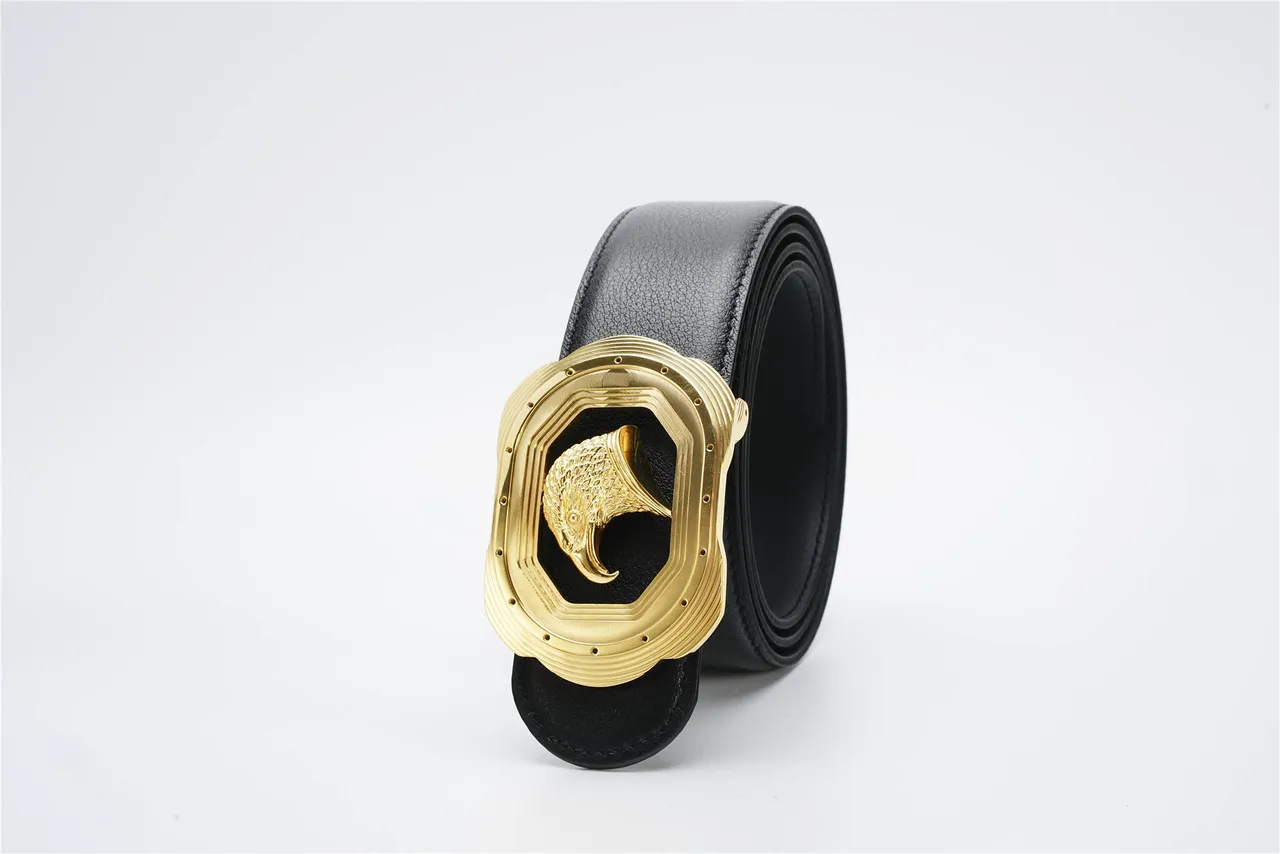 Black Gold Eagle-Head Buckle Layered Octagonal Frame Leather Belt 7