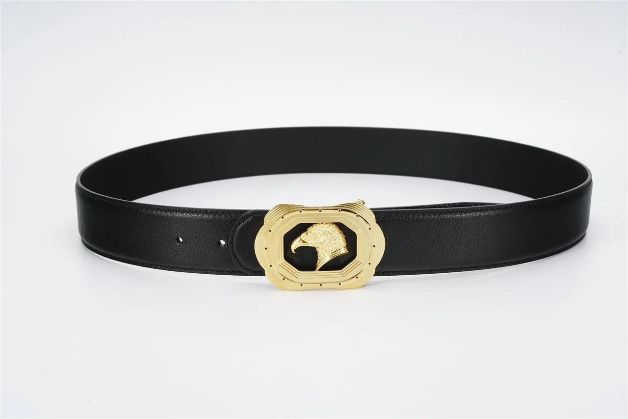 Black Gold Eagle-Head Buckle Layered Octagonal Frame Leather Belt 9