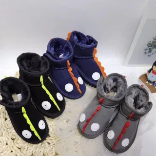 Black Green Dinosaur-Themed Appliqué Plush-Lined Interior Snow Boots