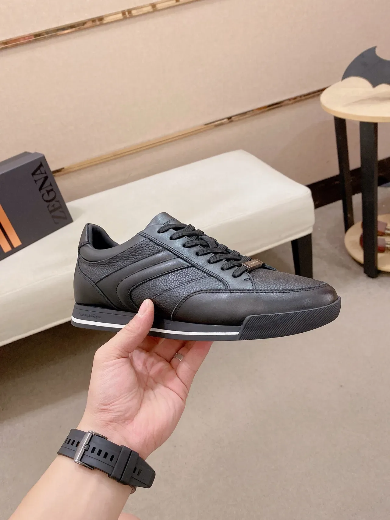Black Leather-Paneled Low-Top Sneaker 5