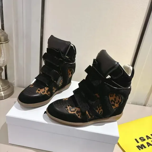 Black Leopard-Print Cutout High-Top Wedge Lifestyle Sneakers 5