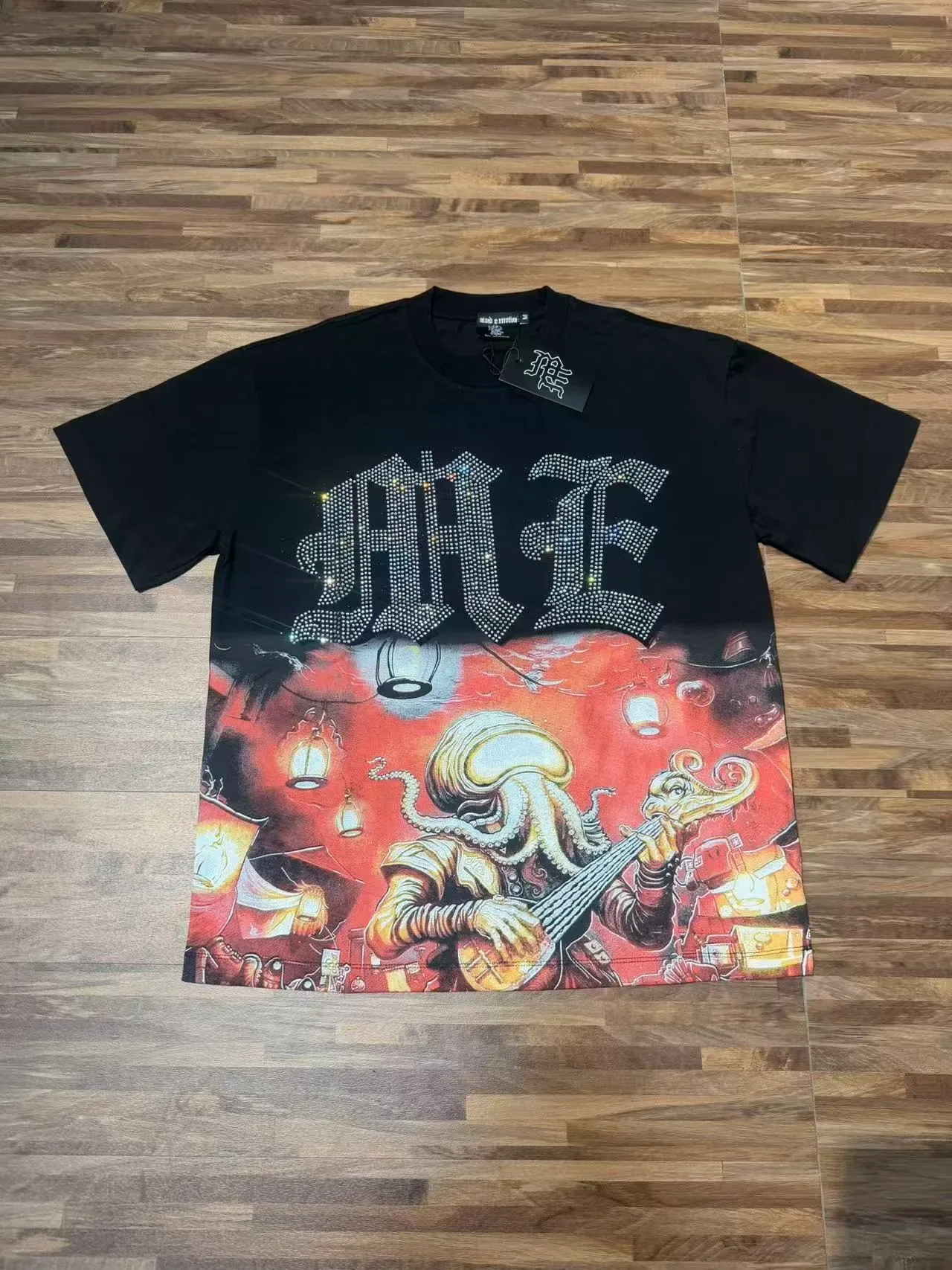 Black Rhinestone-Embellished Graphic Print Oversized T-Shirt 2