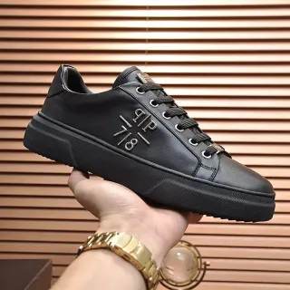 Black Silver Leather Metallic Side Emblem Sneakers