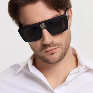 Black Silver Oversized Rectangular Matte Acetate Sunglasses