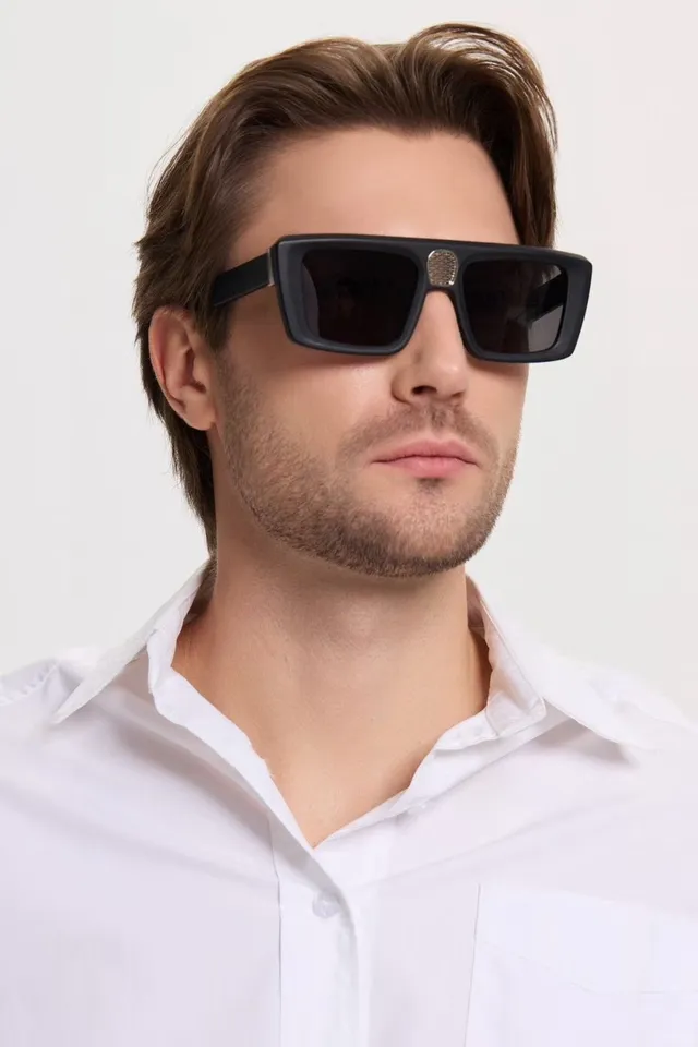 Lunettes de soleil rectangulaires oversize en acétate mat noir argent 2