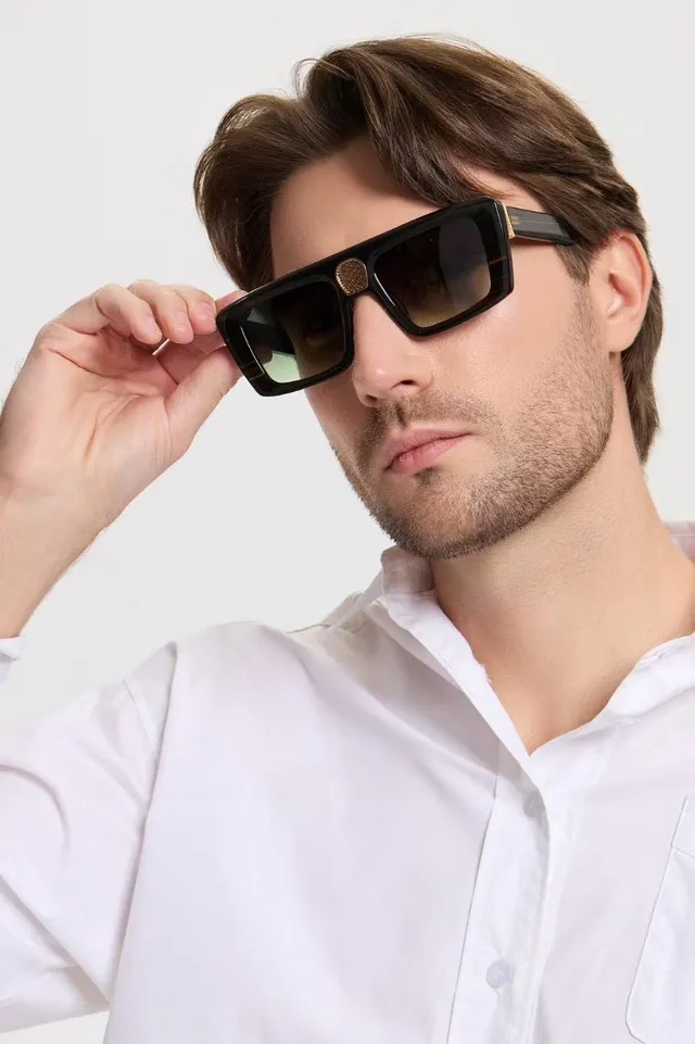 Lunettes de soleil rectangulaires oversize en acétate mat noir argent 6