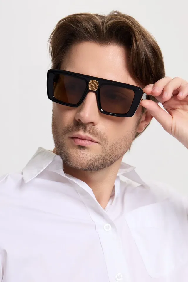 Lunettes de soleil rectangulaires oversize en acétate mat noir argent 8