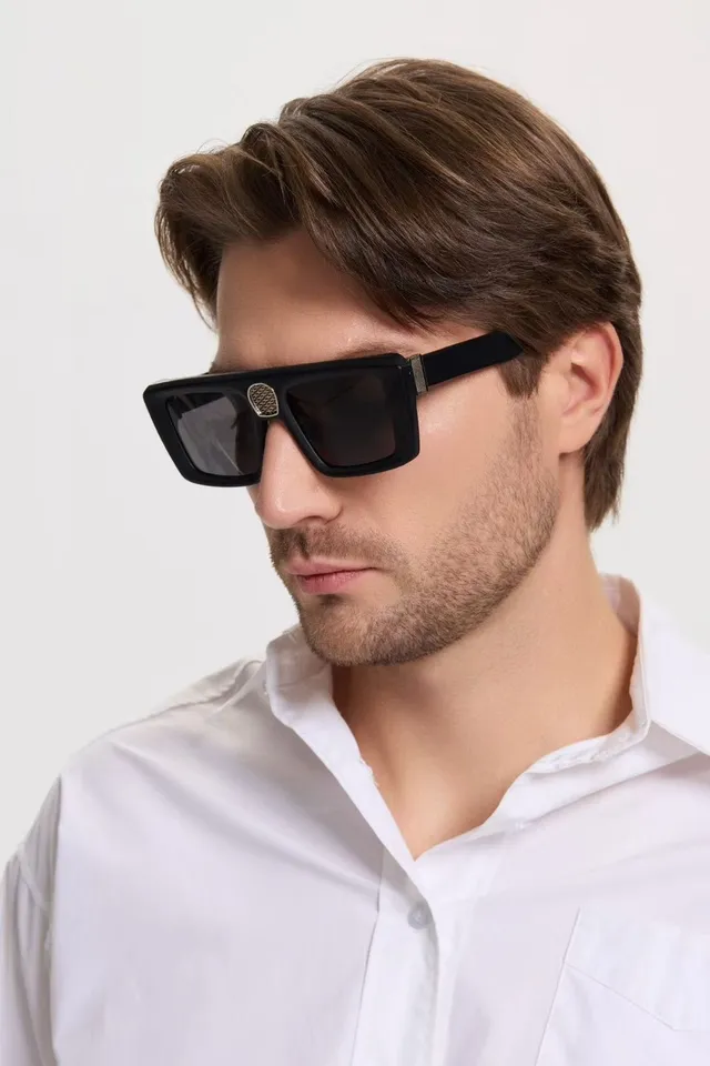 Lunettes de soleil rectangulaires oversize en acétate mat noir argent 9