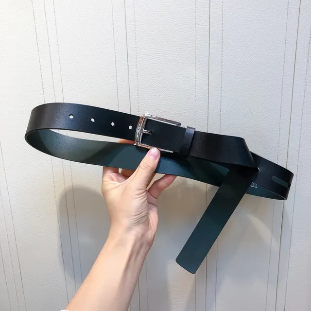 Black Silver Polished Buckle Leather Belt 2