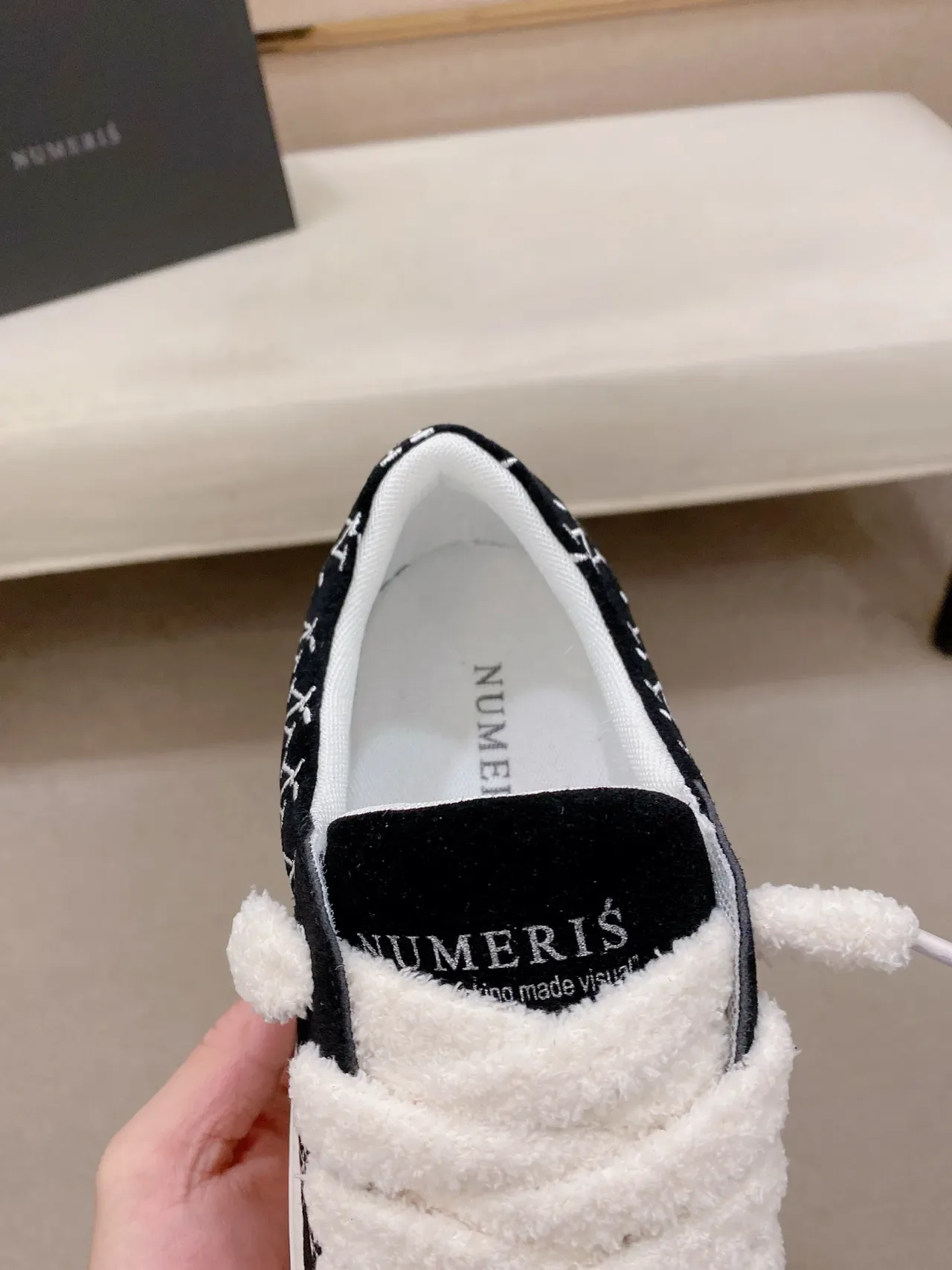 Black White Monogrammed Suede Plush Strap Closure Sneakers 4