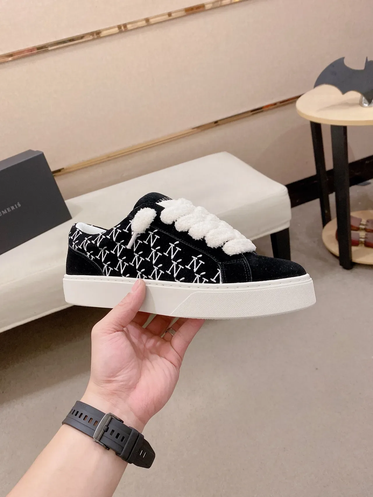 Black White Monogrammed Suede Plush Strap Closure Sneakers 5