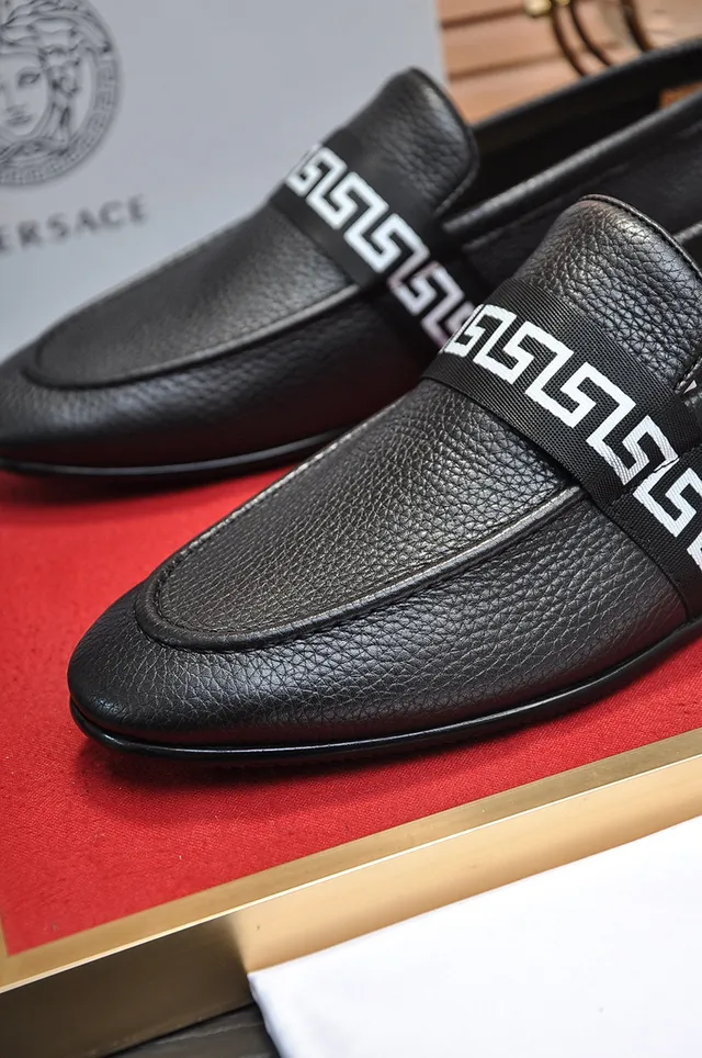 Black White Pebbled Leather Greek Key Strap Loafer 3