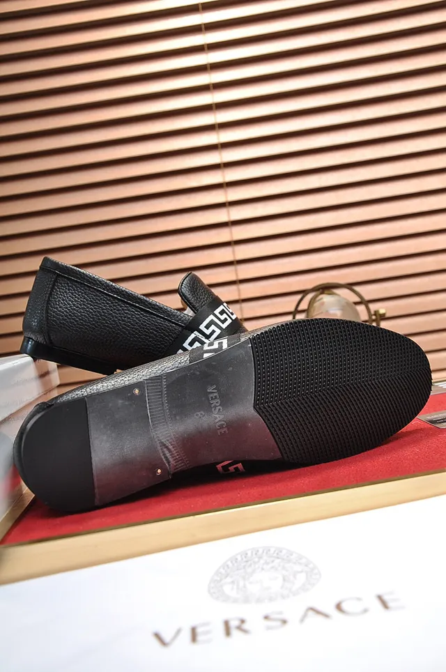 Black White Pebbled Leather Greek Key Strap Loafer 4