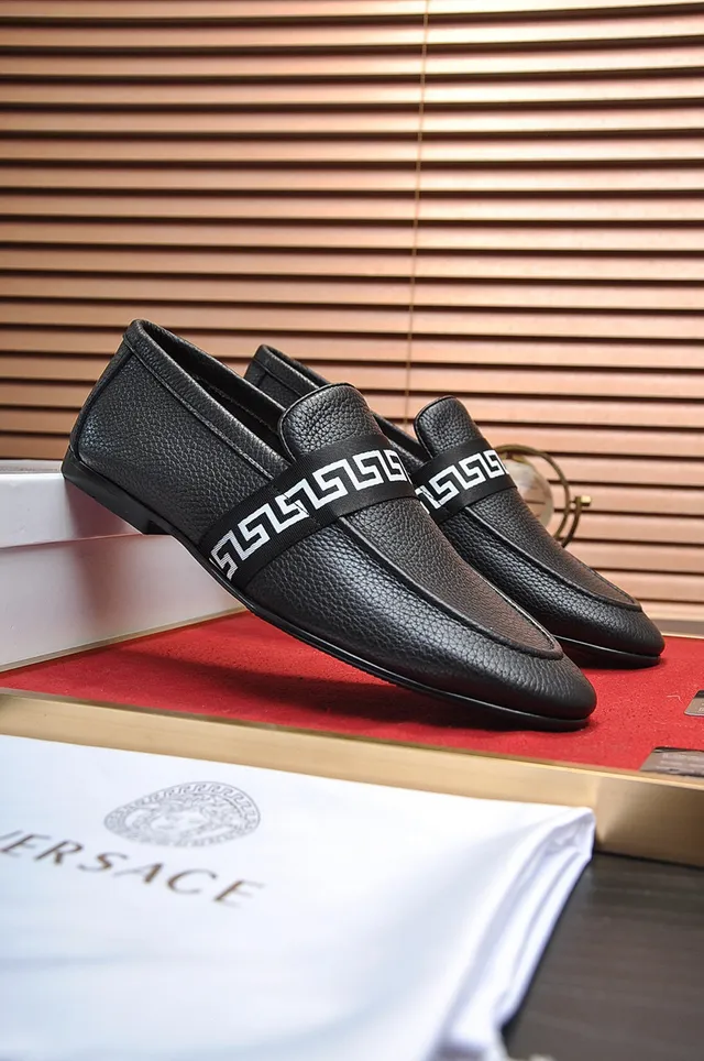 Black White Pebbled Leather Greek Key Strap Loafer 8