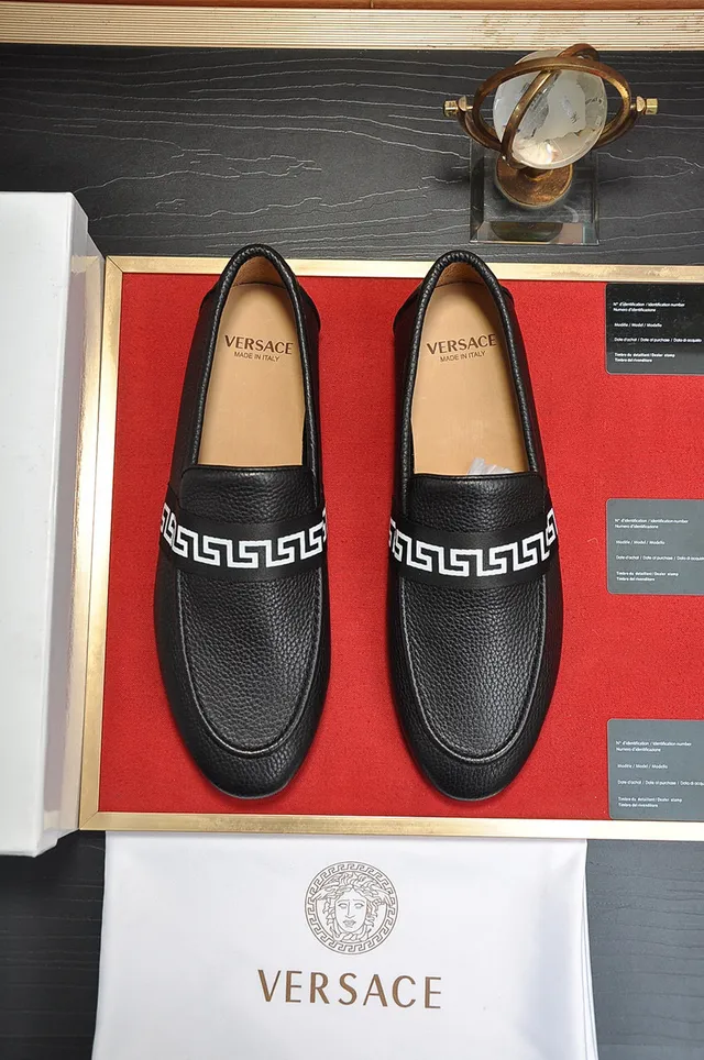 Black White Pebbled Leather Greek Key Strap Loafer 9