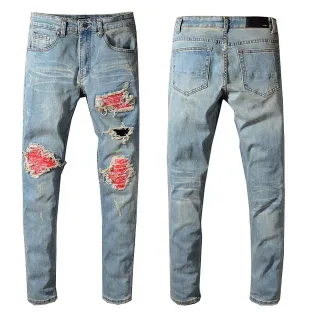 Blue Red Distressed Ripped Jeans