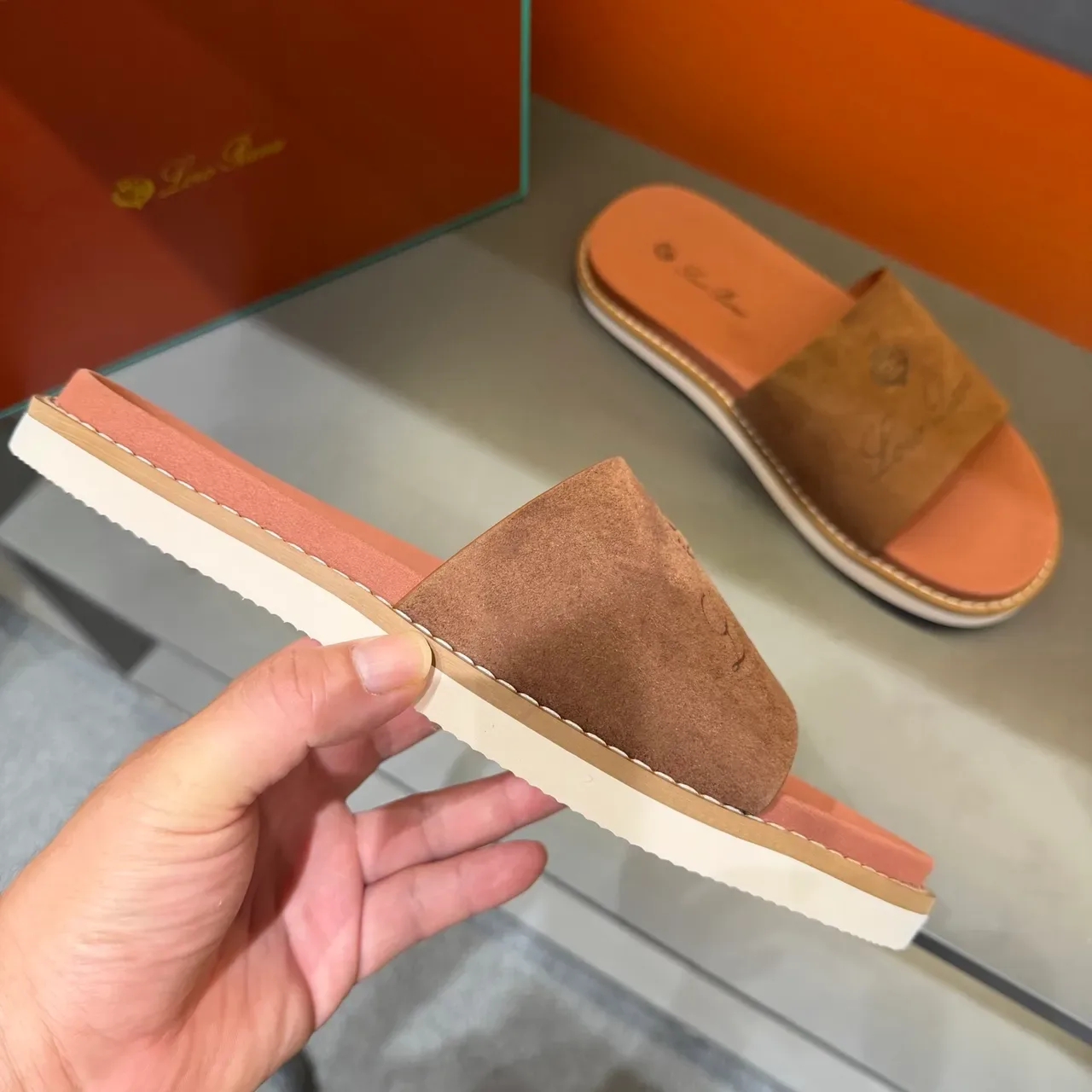 Brown Beige Single Wide Strap Suede-Like Upper Slippers 5
