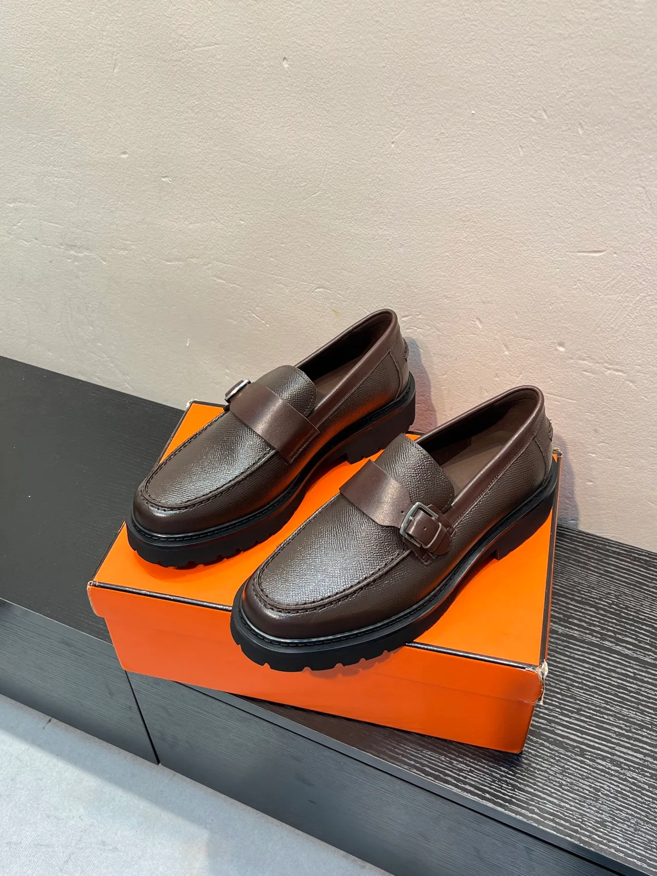 Brown Black Buckle Strap Textured Leather Upper Loafer 3