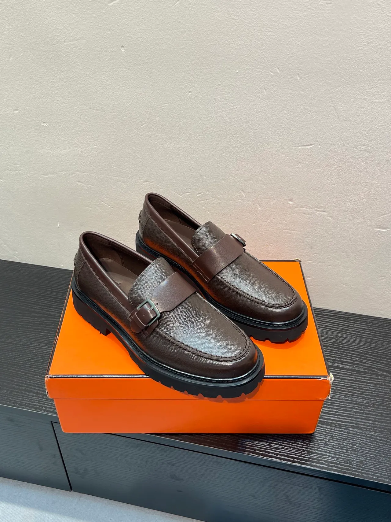 Brown Black Buckle Strap Textured Leather Upper Loafer 5