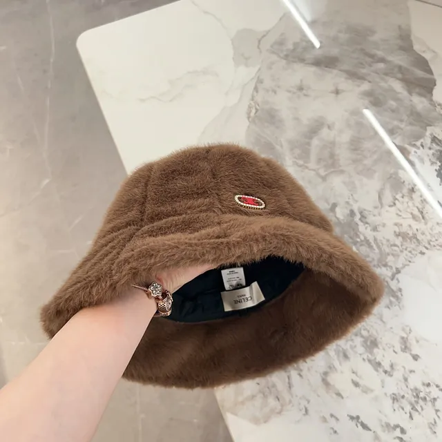 Brown Red Plush Faux Fur Quilted Panel Construction Bucket Hat 2
