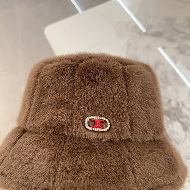 Brown Red Plush Faux Fur Quilted Panel Construction Bucket Hat 5
