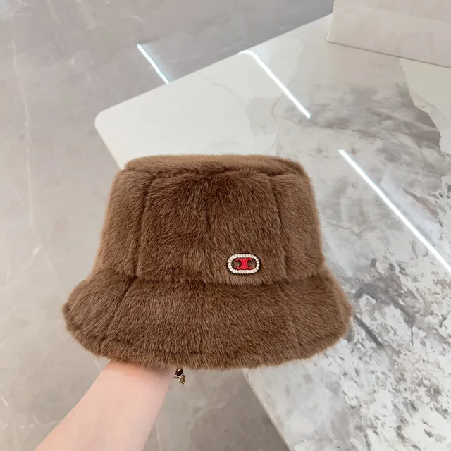Brown Red Plush Faux Fur Quilted Panel Construction Bucket Hat 7